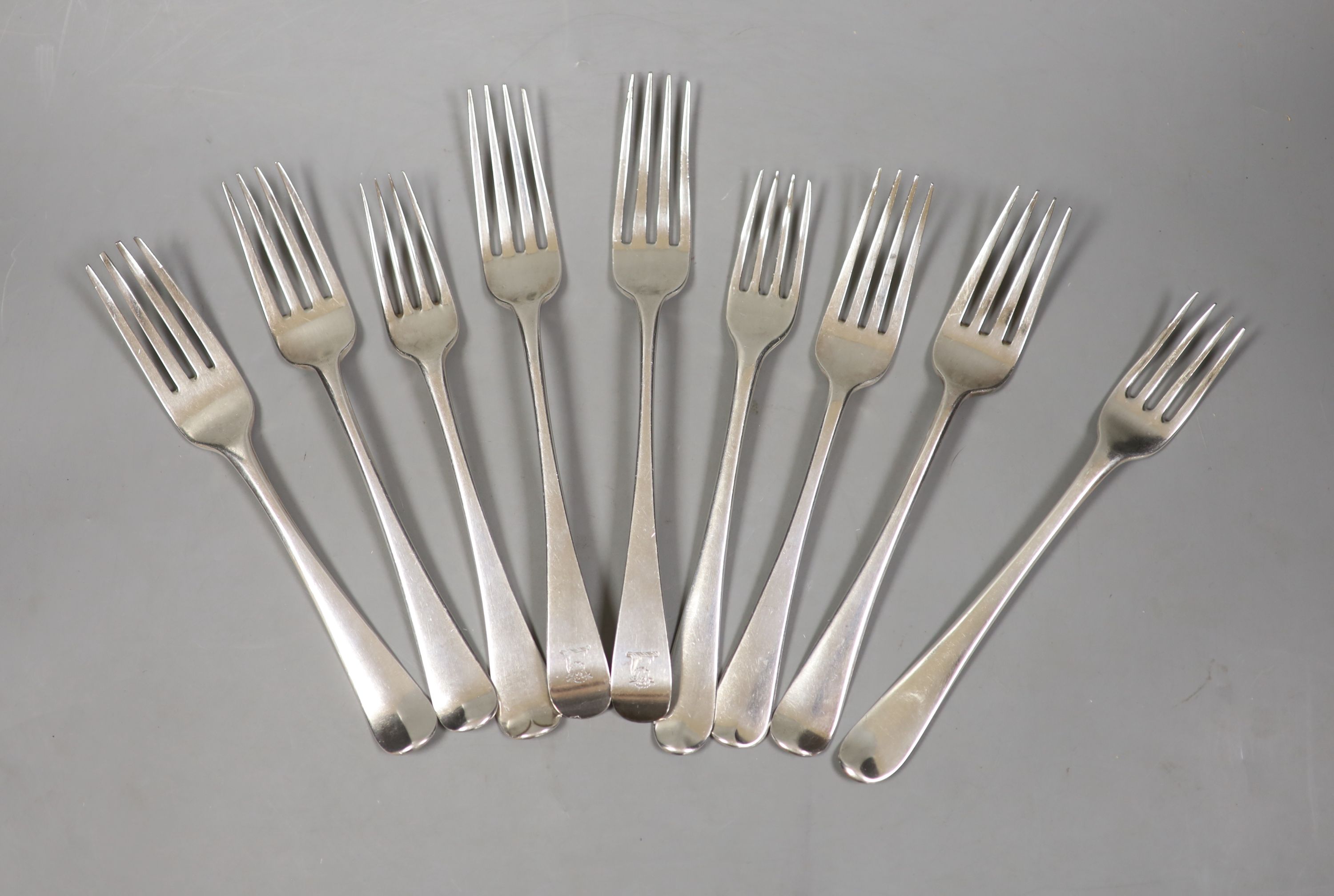 Nine assorted 18th and 19th century silver table and dessert forks, various dates and makers